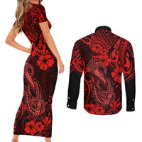 Hawaii Fish Hook Couples Matching Short Sleeve Bodycon Dress and Long Sleeve Button Shirts Hibiscus Hawaii Tribal Tattoo Red Version - Wonder Print Shop