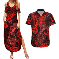Hawaii Fish Hook Couples Matching Summer Maxi Dress and Hawaiian Shirt Hibiscus Hawaii Tribal Tattoo Red Version - Wonder Print Shop