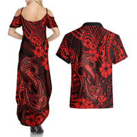 Hawaii Fish Hook Couples Matching Summer Maxi Dress and Hawaiian Shirt Hibiscus Hawaii Tribal Tattoo Red Version - Wonder Print Shop