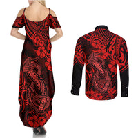 Hawaii Fish Hook Couples Matching Summer Maxi Dress and Long Sleeve Button Shirts Hibiscus Hawaii Tribal Tattoo Red Version - Wonder Print Shop