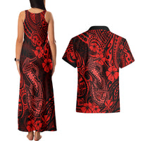 Hawaii Fish Hook Couples Matching Tank Maxi Dress and Hawaiian Shirt Hibiscus Hawaii Tribal Tattoo Red Version - Wonder Print Shop