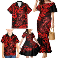 Hawaii Fish Hook Family Matching Mermaid Dress and Hawaiian Shirt Hibiscus Hawaii Tribal Tattoo Red Version - Wonder Print Shop