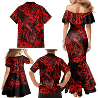 Hawaii Fish Hook Family Matching Mermaid Dress and Hawaiian Shirt Hibiscus Hawaii Tribal Tattoo Red Version - Wonder Print Shop