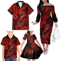 Hawaii Fish Hook Family Matching Off Shoulder Long Sleeve Dress and Hawaiian Shirt Hibiscus Hawaii Tribal Tattoo Red Version - Wonder Print Shop