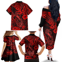 Hawaii Fish Hook Family Matching Off Shoulder Long Sleeve Dress and Hawaiian Shirt Hibiscus Hawaii Tribal Tattoo Red Version - Wonder Print Shop