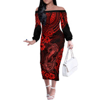 Hawaii Fish Hook Family Matching Off Shoulder Long Sleeve Dress and Hawaiian Shirt Hibiscus Hawaii Tribal Tattoo Red Version - Wonder Print Shop