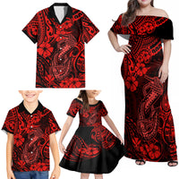 Hawaii Fish Hook Family Matching Off Shoulder Maxi Dress and Hawaiian Shirt Hibiscus Hawaii Tribal Tattoo Red Version - Wonder Print Shop