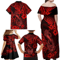 Hawaii Fish Hook Family Matching Off Shoulder Maxi Dress and Hawaiian Shirt Hibiscus Hawaii Tribal Tattoo Red Version - Wonder Print Shop