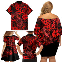 Hawaii Fish Hook Family Matching Off Shoulder Short Dress and Hawaiian Shirt Hibiscus Hawaii Tribal Tattoo Red Version - Wonder Print Shop