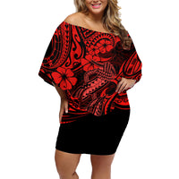 Hawaii Fish Hook Family Matching Off Shoulder Short Dress and Hawaiian Shirt Hibiscus Hawaii Tribal Tattoo Red Version - Wonder Print Shop