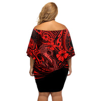Hawaii Fish Hook Family Matching Off Shoulder Short Dress and Hawaiian Shirt Hibiscus Hawaii Tribal Tattoo Red Version - Wonder Print Shop