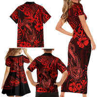 Hawaii Fish Hook Family Matching Short Sleeve Bodycon Dress and Hawaiian Shirt Hibiscus Hawaii Tribal Tattoo Red Version - Wonder Print Shop