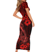 Hawaii Fish Hook Family Matching Short Sleeve Bodycon Dress and Hawaiian Shirt Hibiscus Hawaii Tribal Tattoo Red Version - Wonder Print Shop