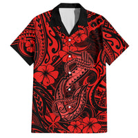 Men's red and black Hawaiian shirt with hibiscus and fish hook tribal print