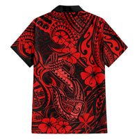 Men's red and black Hawaiian shirt, full back tribal hibiscus and fish hook print