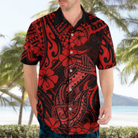 Men's red and black Hawaiian button-front shirt with hibiscus and fish hook artwork