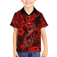 Kids' red and black Hawaiian shirt with hibiscus flowers and fish hook tribal print