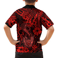 Kids' red and black Hawaiian shirt back view with fish hook tribal tattoo print