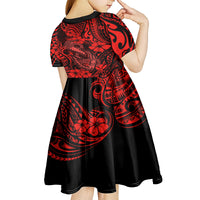 Hawaii Fish Hook Kid Short Sleeve Dress Hibiscus Hawaii Tribal Tattoo Red Version - Wonder Print Shop