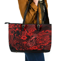 Hawaii Fish Hook Leather Tote Bag Hibiscus Hawaii Tribal Tattoo Red Version - Wonder Print Shop