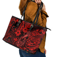 Hawaii Fish Hook Leather Tote Bag Hibiscus Hawaii Tribal Tattoo Red Version - Wonder Print Shop