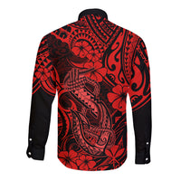 Hawaii Fish Hook Long Sleeve Button Shirt Hibiscus Hawaii Tribal Tattoo Red Version - Wonder Print Shop