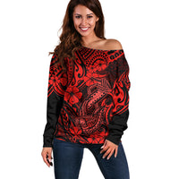 Hawaii Fish Hook Off Shoulder Sweater Hibiscus Hawaii Tribal Tattoo Red Version - Wonder Print Shop