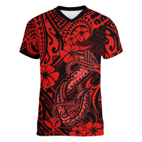 Hawaii Fish Hook Women V Neck T Shirt Hibiscus Hawaii Tribal Tattoo Red Version - Wonder Print Shop