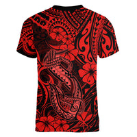 Hawaii Fish Hook Women V Neck T Shirt Hibiscus Hawaii Tribal Tattoo Red Version - Wonder Print Shop