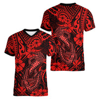 Hawaii Fish Hook Women V Neck T Shirt Hibiscus Hawaii Tribal Tattoo Red Version - Wonder Print Shop