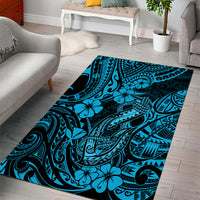 Hawaii Fish Hook Area Rug Hibiscus Hawaii Tribal Tattoo Sky Blue Version - Wonder Print Shop