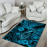 Hawaii Fish Hook Area Rug Hibiscus Hawaii Tribal Tattoo Sky Blue Version - Wonder Print Shop