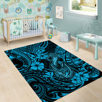 Hawaii Fish Hook Area Rug Hibiscus Hawaii Tribal Tattoo Sky Blue Version - Wonder Print Shop