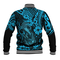 Hawaii Fish Hook Baseball Jacket Hibiscus Hawaii Tribal Tattoo Sky Blue Version - Wonder Print Shop