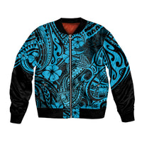Hawaii Fish Hook Bomber Jacket Hibiscus Hawaii Tribal Tattoo Sky Blue Version - Wonder Print Shop