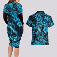 Hawaii Fish Hook Couples Matching Long Sleeve Bodycon Dress and Hawaiian Shirt Hibiscus Hawaii Tribal Tattoo Sky Blue Version - Wonder Print Shop