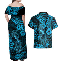 Hawaii Fish Hook Couples Matching Off Shoulder Maxi Dress and Hawaiian Shirt Hibiscus Hawaii Tribal Tattoo Sky Blue Version - Wonder Print Shop