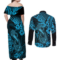 Hawaii Fish Hook Couples Matching Off Shoulder Maxi Dress and Long Sleeve Button Shirts Hibiscus Hawaii Tribal Tattoo Sky Blue Version - Wonder Print Shop