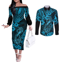 hawaii-fish-hook-couples-matching-off-the-shoulder-long-sleeve-dress-and-long-sleeve-button-shirts-hibiscus-hawaii-tribal-tattoo-sky-blue-version