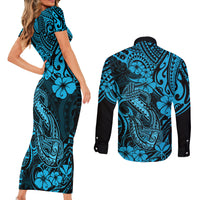 Hawaii Fish Hook Couples Matching Short Sleeve Bodycon Dress and Long Sleeve Button Shirts Hibiscus Hawaii Tribal Tattoo Sky Blue Version - Wonder Print Shop