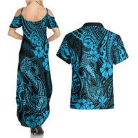 Hawaii Fish Hook Couples Matching Summer Maxi Dress and Hawaiian Shirt Hibiscus Hawaii Tribal Tattoo Sky Blue Version - Wonder Print Shop