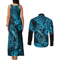 Hawaii Fish Hook Couples Matching Tank Maxi Dress and Long Sleeve Button Shirts Hibiscus Hawaii Tribal Tattoo Sky Blue Version - Wonder Print Shop