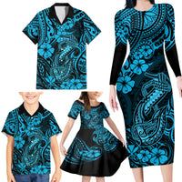 Hawaii Fish Hook Family Matching Long Sleeve Bodycon Dress and Hawaiian Shirt Hibiscus Hawaii Tribal Tattoo Sky Blue Version - Wonder Print Shop