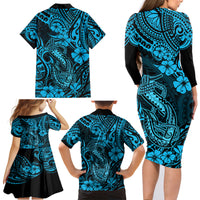 Hawaii Fish Hook Family Matching Long Sleeve Bodycon Dress and Hawaiian Shirt Hibiscus Hawaii Tribal Tattoo Sky Blue Version - Wonder Print Shop