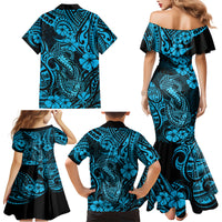 Hawaii Fish Hook Family Matching Mermaid Dress and Hawaiian Shirt Hibiscus Hawaii Tribal Tattoo Sky Blue Version - Wonder Print Shop