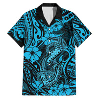 Hawaii Fish Hook Family Matching Mermaid Dress and Hawaiian Shirt Hibiscus Hawaii Tribal Tattoo Sky Blue Version - Wonder Print Shop