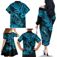 Hawaii Fish Hook Family Matching Off Shoulder Long Sleeve Dress and Hawaiian Shirt Hibiscus Hawaii Tribal Tattoo Sky Blue Version - Wonder Print Shop
