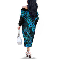 Hawaii Fish Hook Family Matching Off Shoulder Long Sleeve Dress and Hawaiian Shirt Hibiscus Hawaii Tribal Tattoo Sky Blue Version - Wonder Print Shop