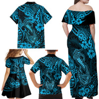 Hawaii Fish Hook Family Matching Off Shoulder Maxi Dress and Hawaiian Shirt Hibiscus Hawaii Tribal Tattoo Sky Blue Version - Wonder Print Shop