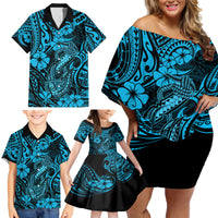 Hawaii Fish Hook Family Matching Off Shoulder Short Dress and Hawaiian Shirt Hibiscus Hawaii Tribal Tattoo Sky Blue Version - Wonder Print Shop